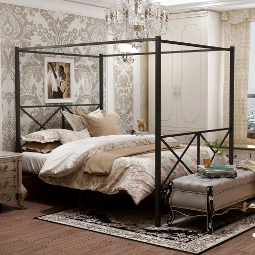 Metal Canopy Bed Frame 4-Post Canopy Full Size Bed Cozy Bedroom with Headboard and Footboard,Reinforced Lron Frame Bed with X Shaped Frame Full,Easy Assembly No Box Spring Needed (Black)