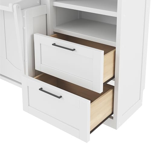 KLMM Wooden Murphy Bed Wall Bed with 2 Wardrobe and Storage Shelf,Foldable Platform Bedframe for Guest-Room Bedroom Study Office Use (White#E, Full)