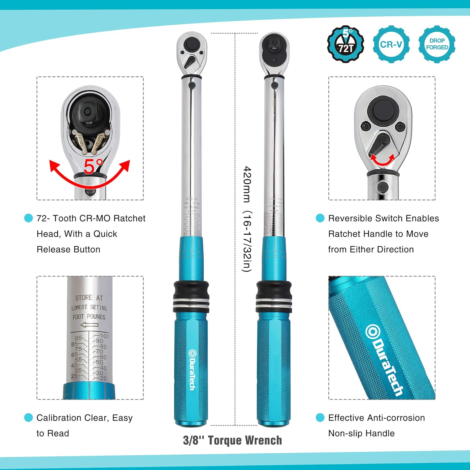 DURATECH 1/2-Inch Drive Click Torque Wrench, 30-160 Ft-lb, with Socket Adapter, Extensions Bar, Storage Case Included