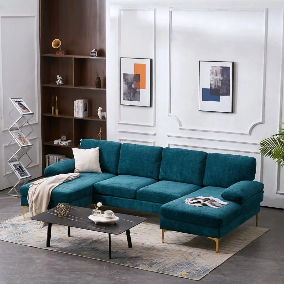 SYTHERS Convertible Sectional Sofa U-Shaped Couch 4-Seat Modern Chenille Sectional Sleeper Sofa with Memory Foam & Double Chaise & Comfortable Backrest, Oversized Seats, Dark Blue