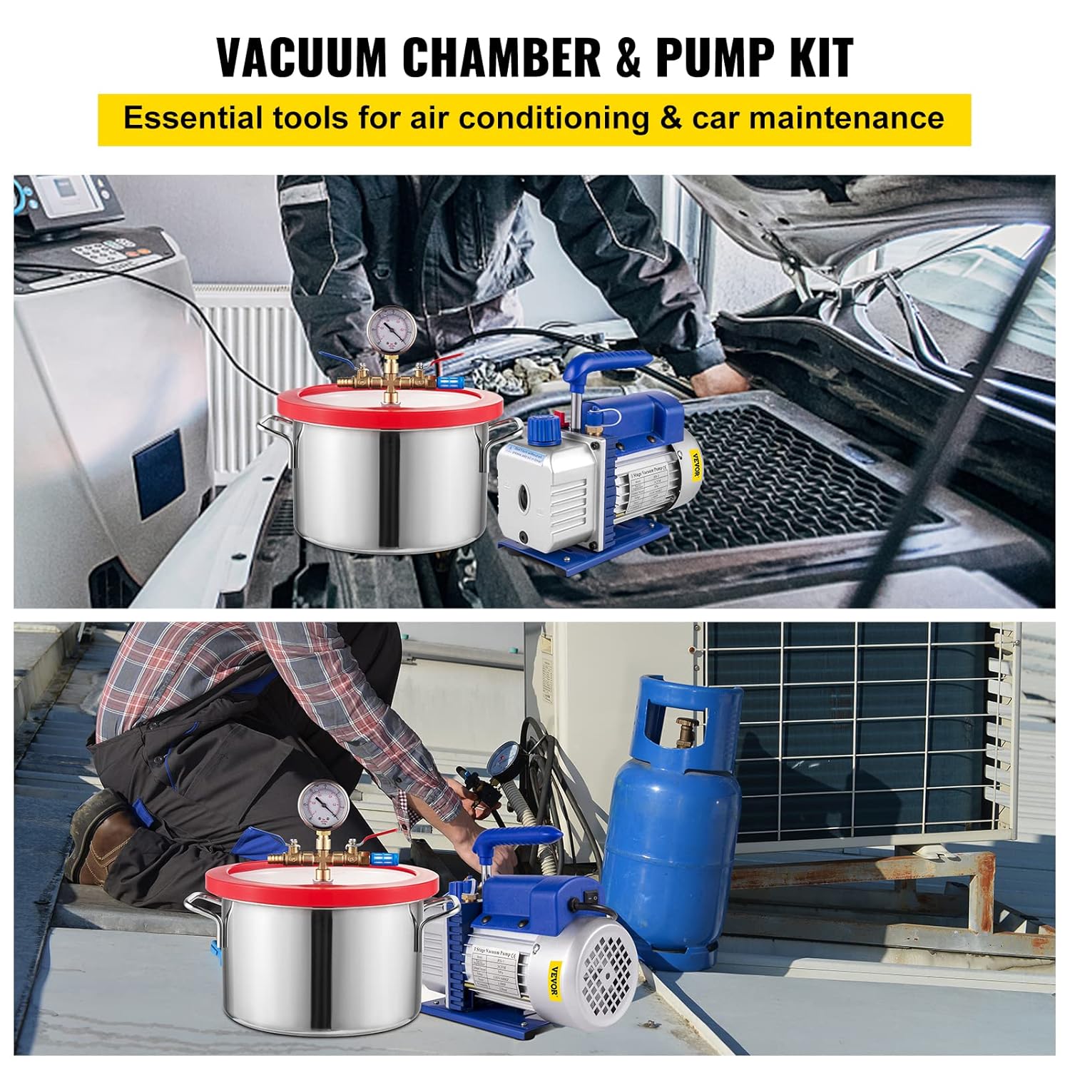 VEVOR 3CFM Vacuum Pump Single Stage 3CFM HVAC Vacuum Pump 3CFM 1/4HP Vacuum Pump Air Conditioning with 1 Gallon Vacuum Degassing Chamber Vacume Chamber and Pump