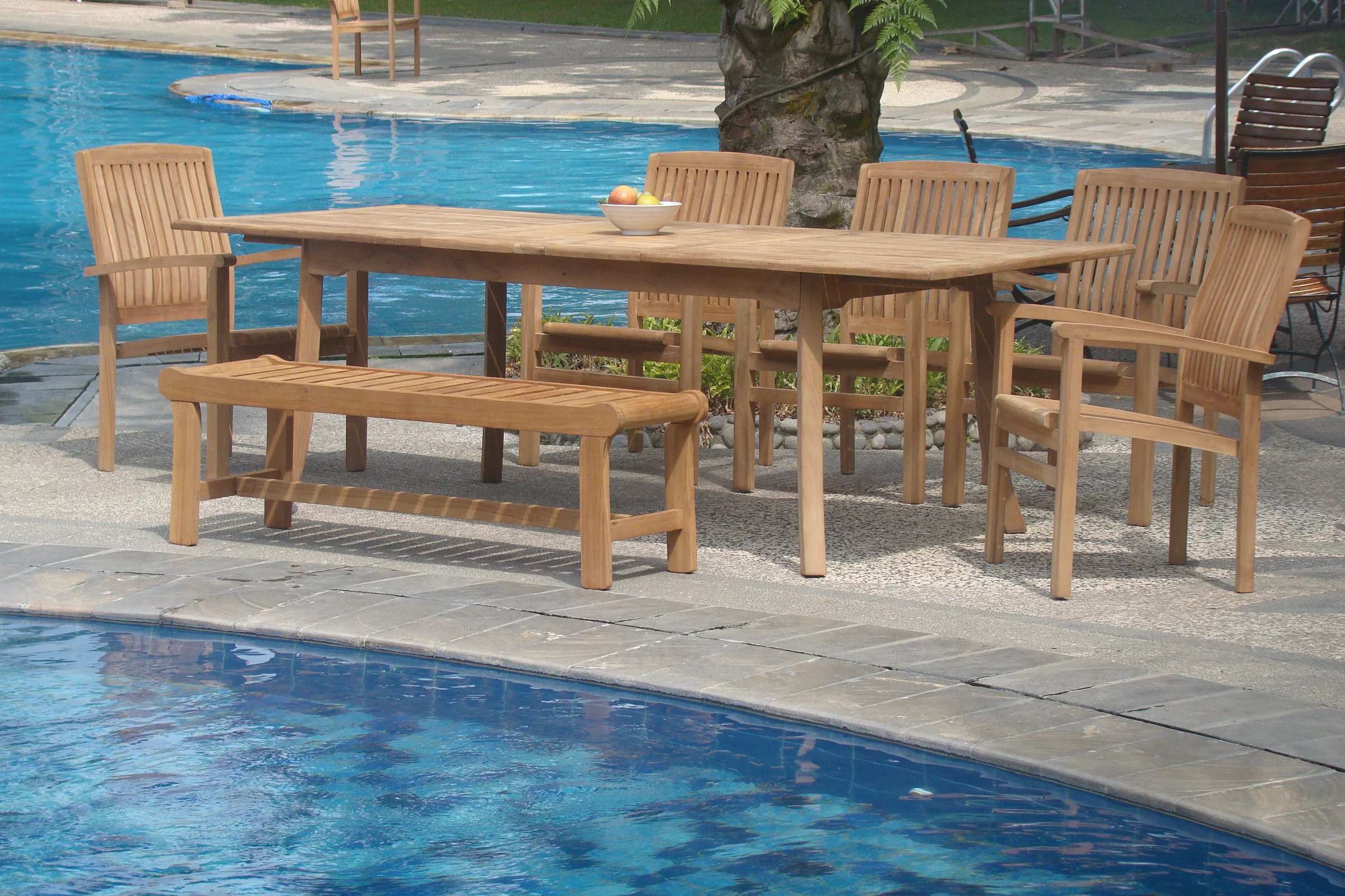 Teak Dining Set:6 Seater 7 Pc - 94" Double Extension Rectangle Table, 5 Wave Stacking Arm Chairs with 55" Backless Bench Outdoor Patio Grade-A Teak Wood WholesaleTeak #WMDSWV8