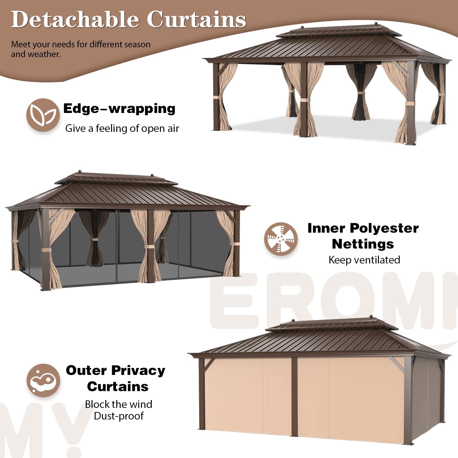 EROMMY Hardtop Gazebo Galvanized Steel Outdoor Gazebo Canopy Double Vented Roof Pergolas Aluminum Frame with Netting and Curtains for Garden,Patio,Lawns,Parties (10'x 13')