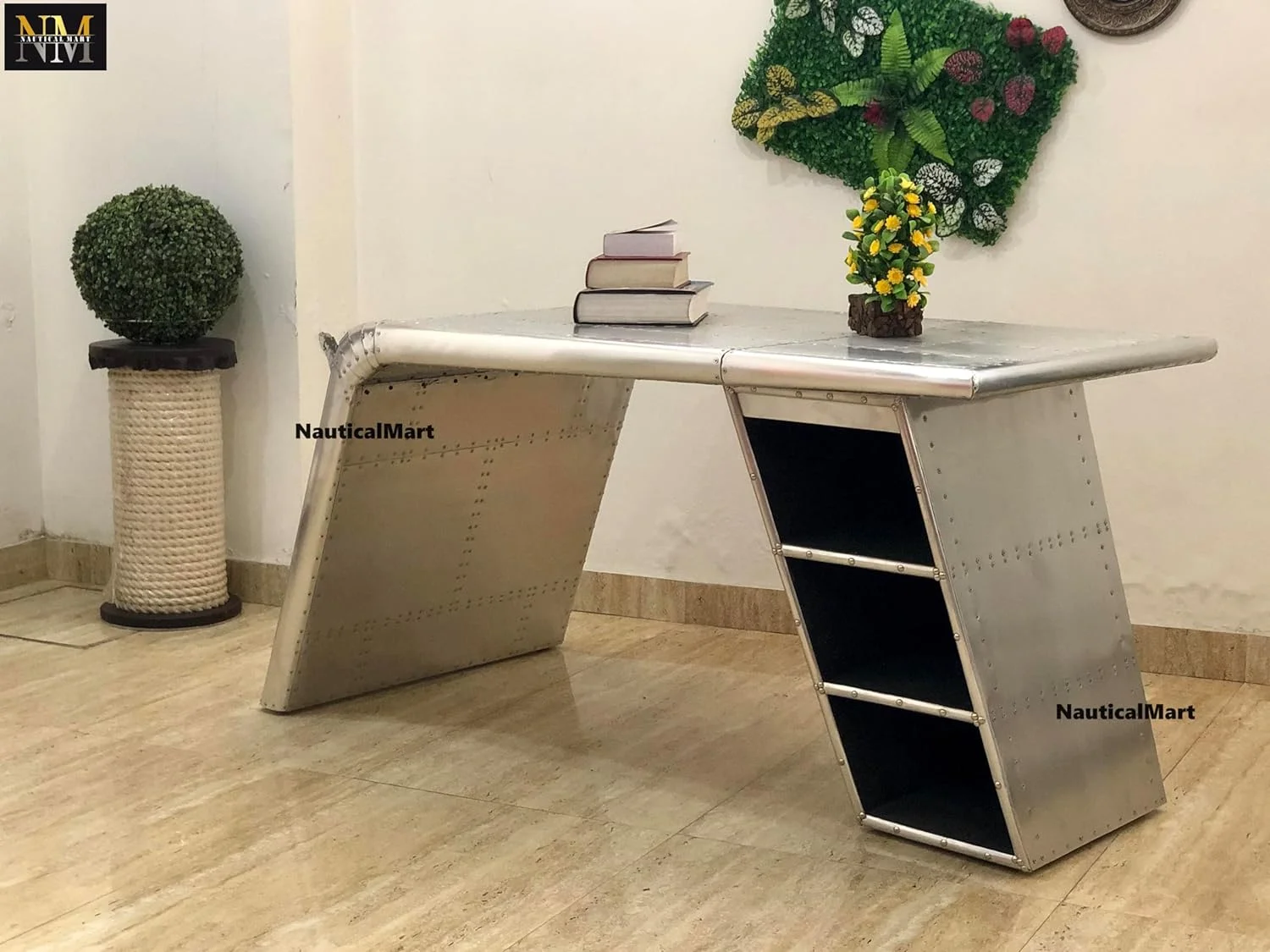 NauticalMart Aviator Wing Desk Aluminium Table Home Office Aviator Furniture Decor (with Shelves, 70 Inches)