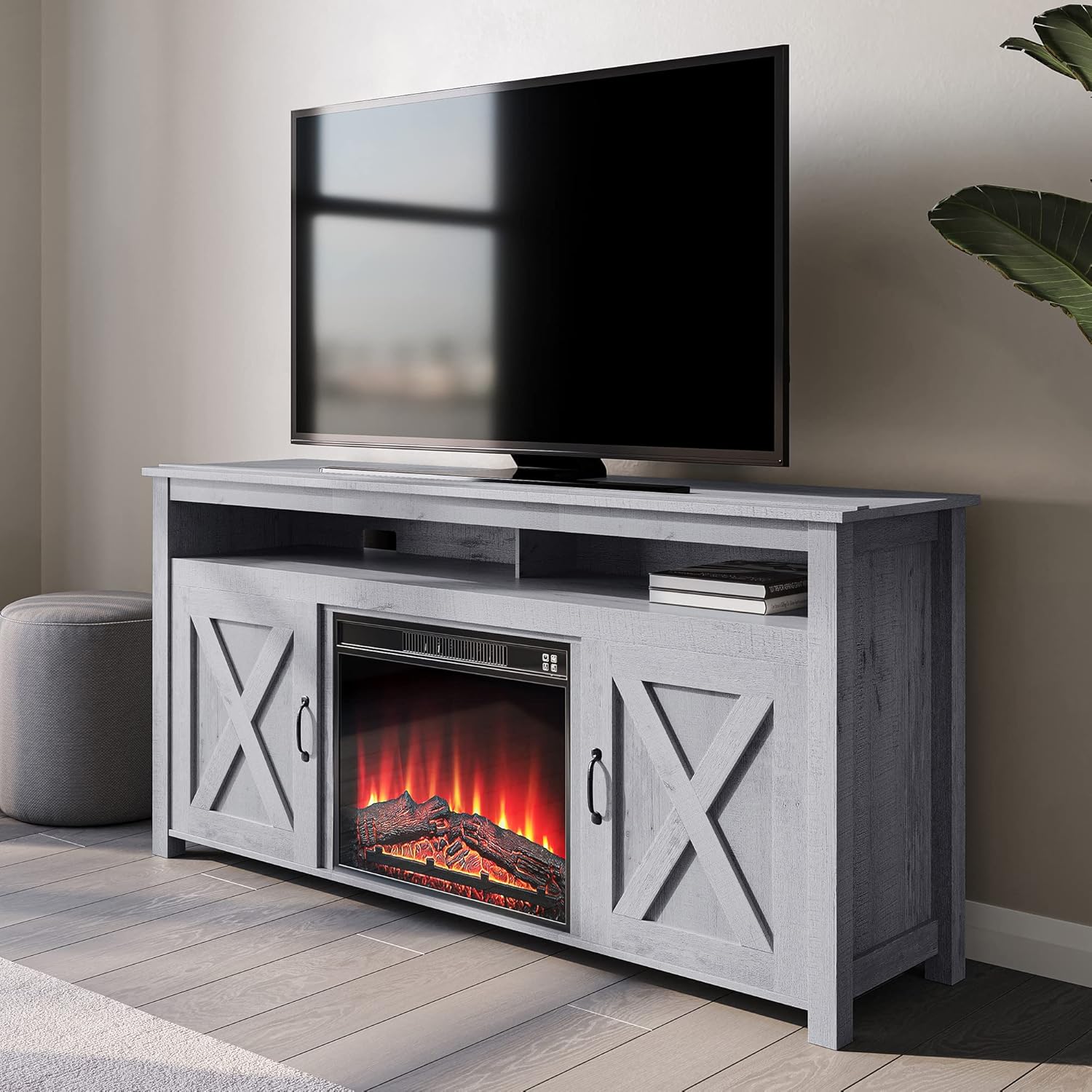BELLEZE Barn Door Wood Electric Fireplace TV Stand & Media Entertainment Center Console Table for TVs up to 65 Inches with Two Open Shelves and Cabinets - Corin (Gray Wash)