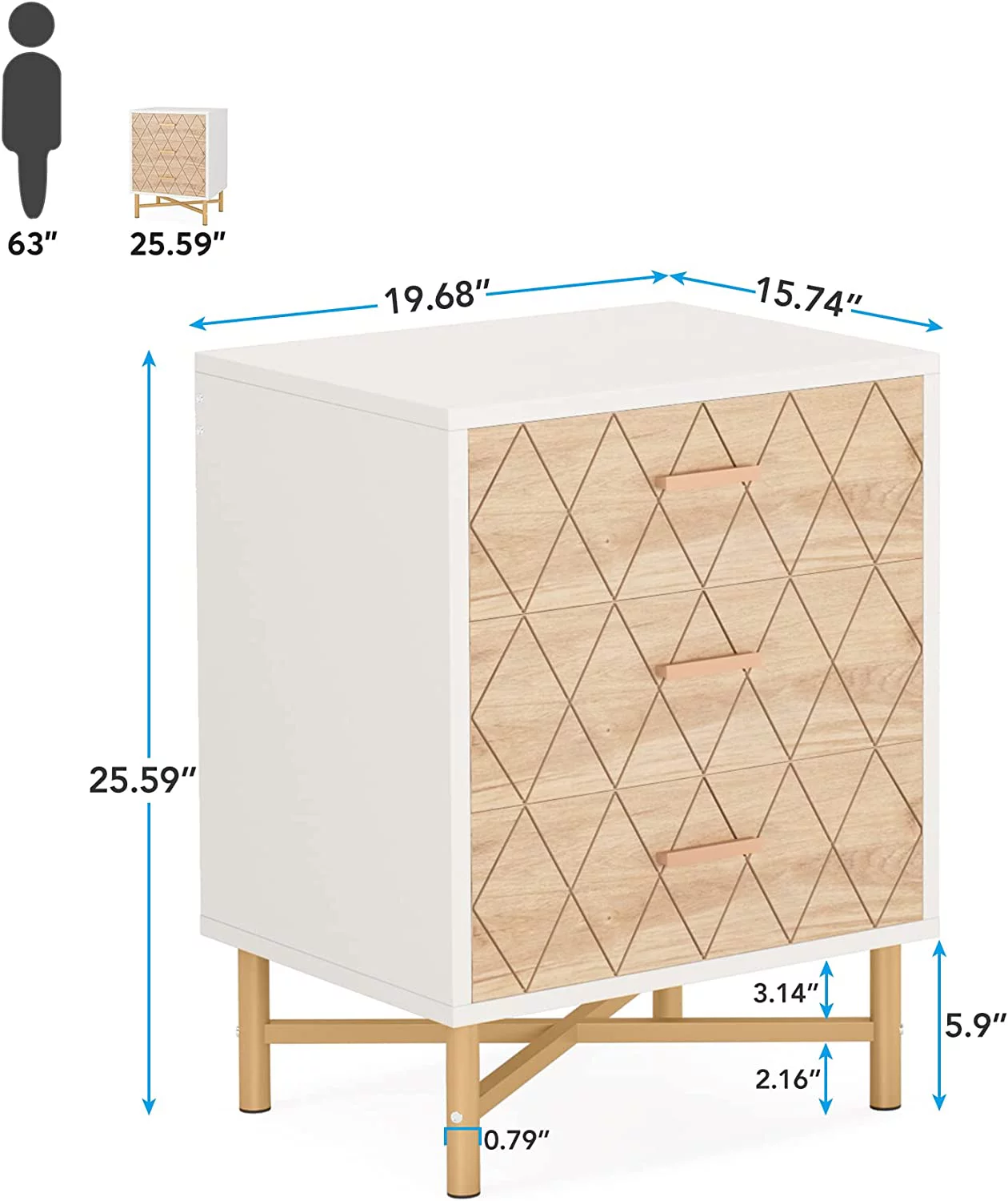 Tribesigns 3-Drawer Nightstand Set of 2, Mid Century Modern Night Stand with Storage, Large Bed Side Table for Bedroom,