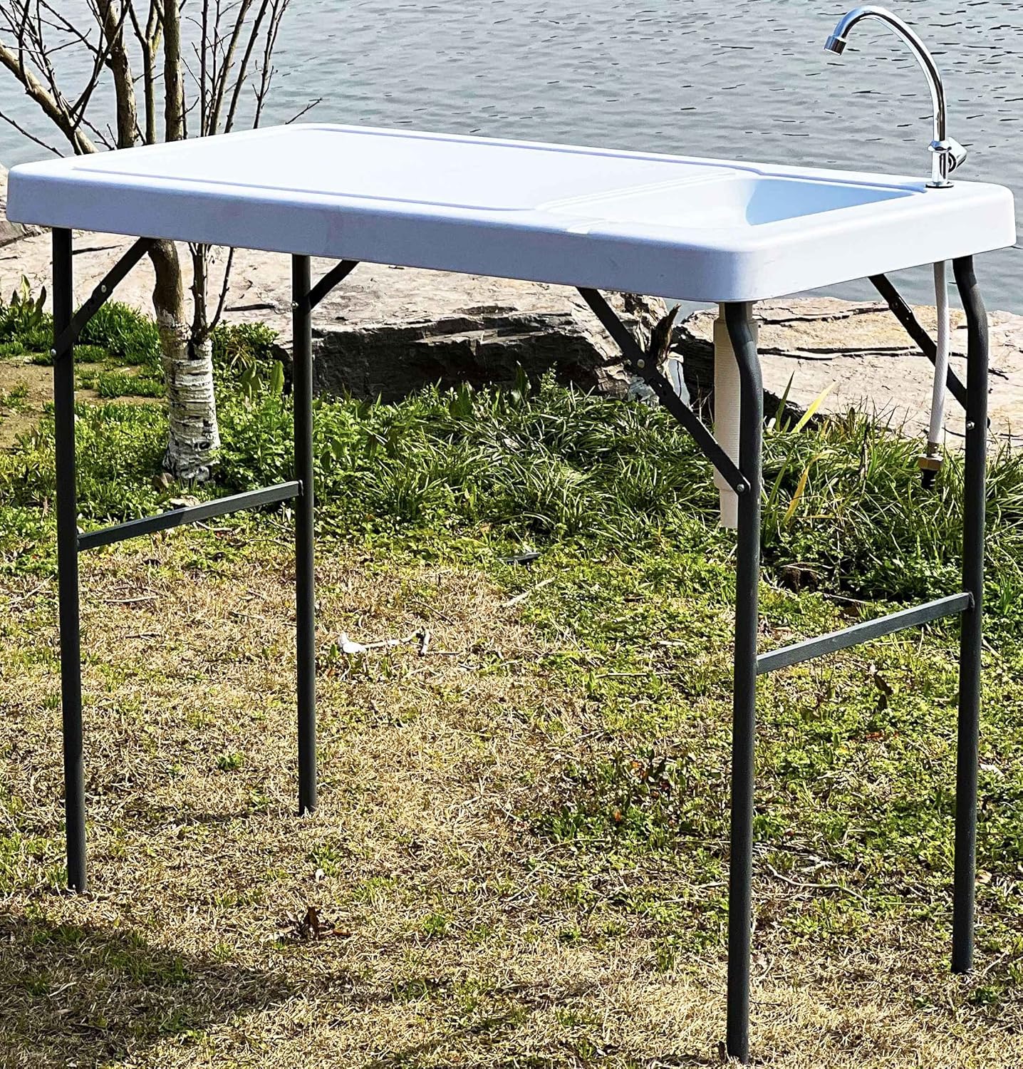 Portable Fish Cleaning Camping Table W/Sink & Faucet, Folding Lightweight & Adjustable Filet Workbench, Outdoor Kitchen Cooking Wash Hand Station for Picnic, Beach, RV, Grill, BBQ