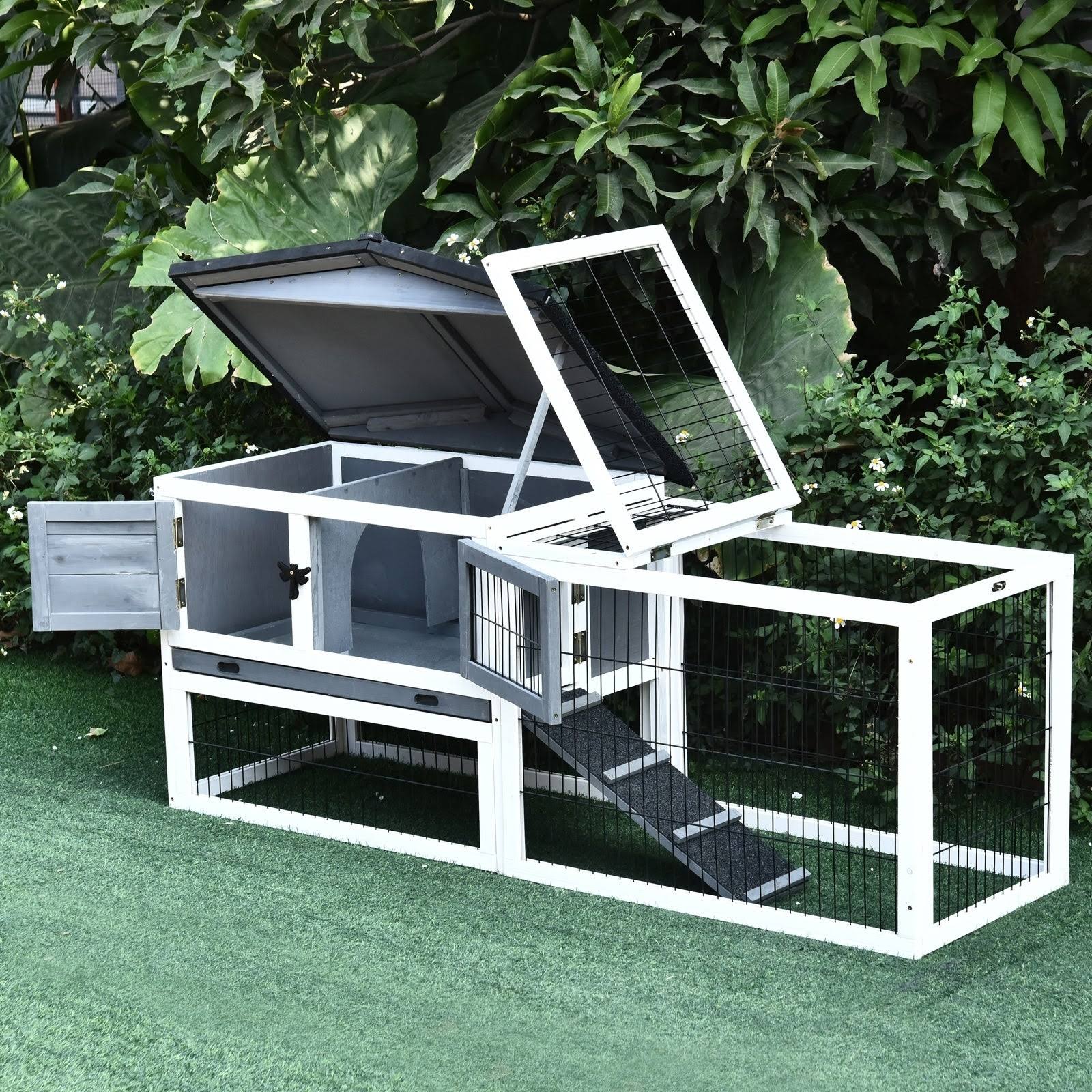 PawHut Solid Wood Rabbit Hutch with 2 House Levels and Patio Space, Strong Black Metal Cage WIRE, and Easy Clean Tray