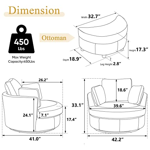Chair and A Half with Ottoman, 360° Swivel Accent Barrel Chair Modern Comfy Round Reading Sofa Swivel Chairs Circle Lounge Chair for Bedroom Living Room w/4 Pillow Lower Seating Heigh (White, Large)