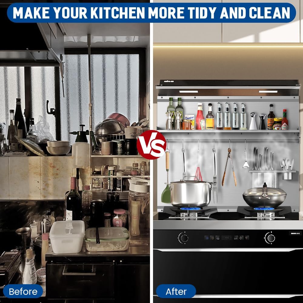 Range Backsplash, 42"x 30" Stainless Steel Backsplash,Easy Clean And Installation with Storage Shelf & Hanging Rack,Range Hood Stainless Steel Backsplash for Stove