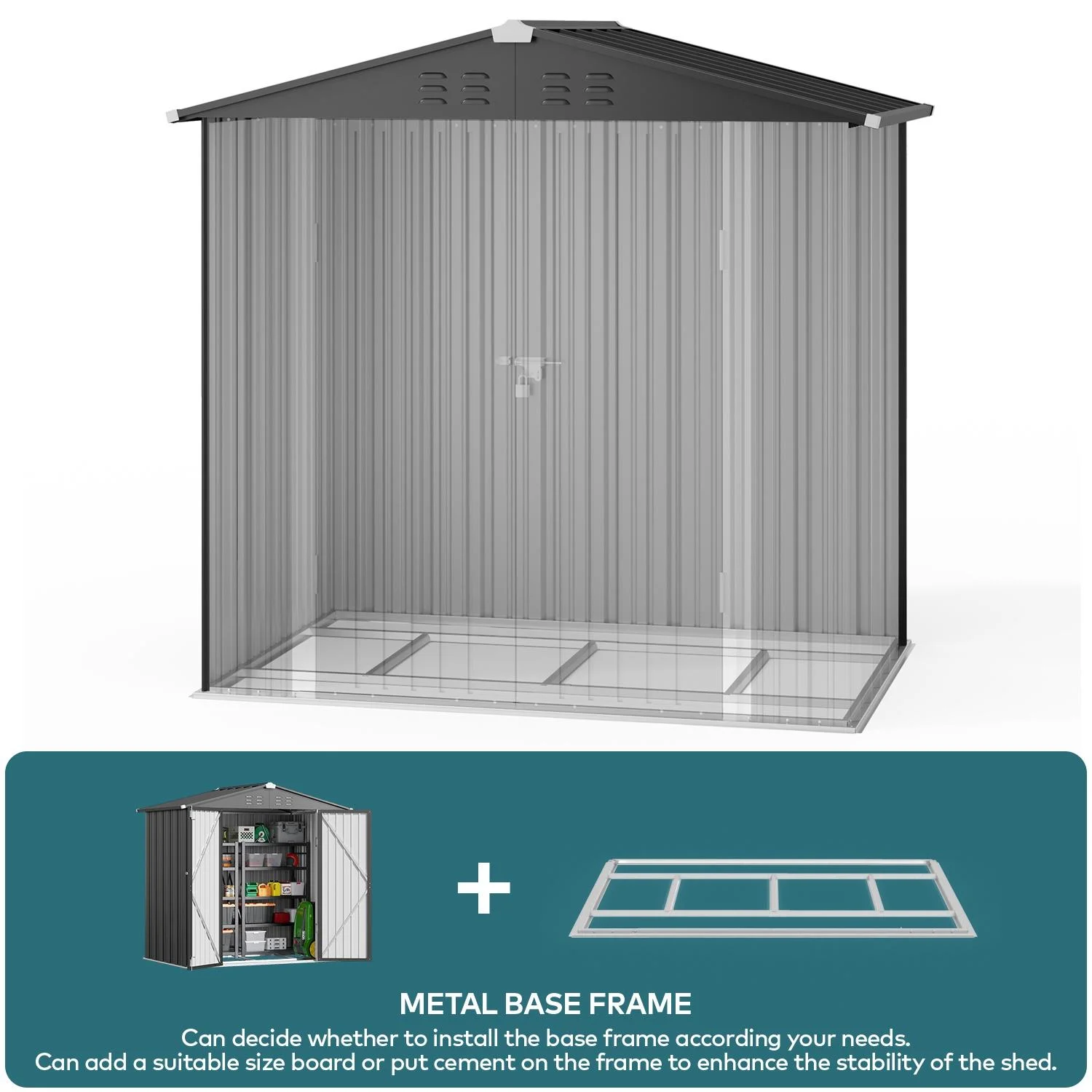 6' x 4' Outdoor Storage Shed with Base Frame, Lofka Anti-Corrosion Metal Garden Shed, Dark Gray
