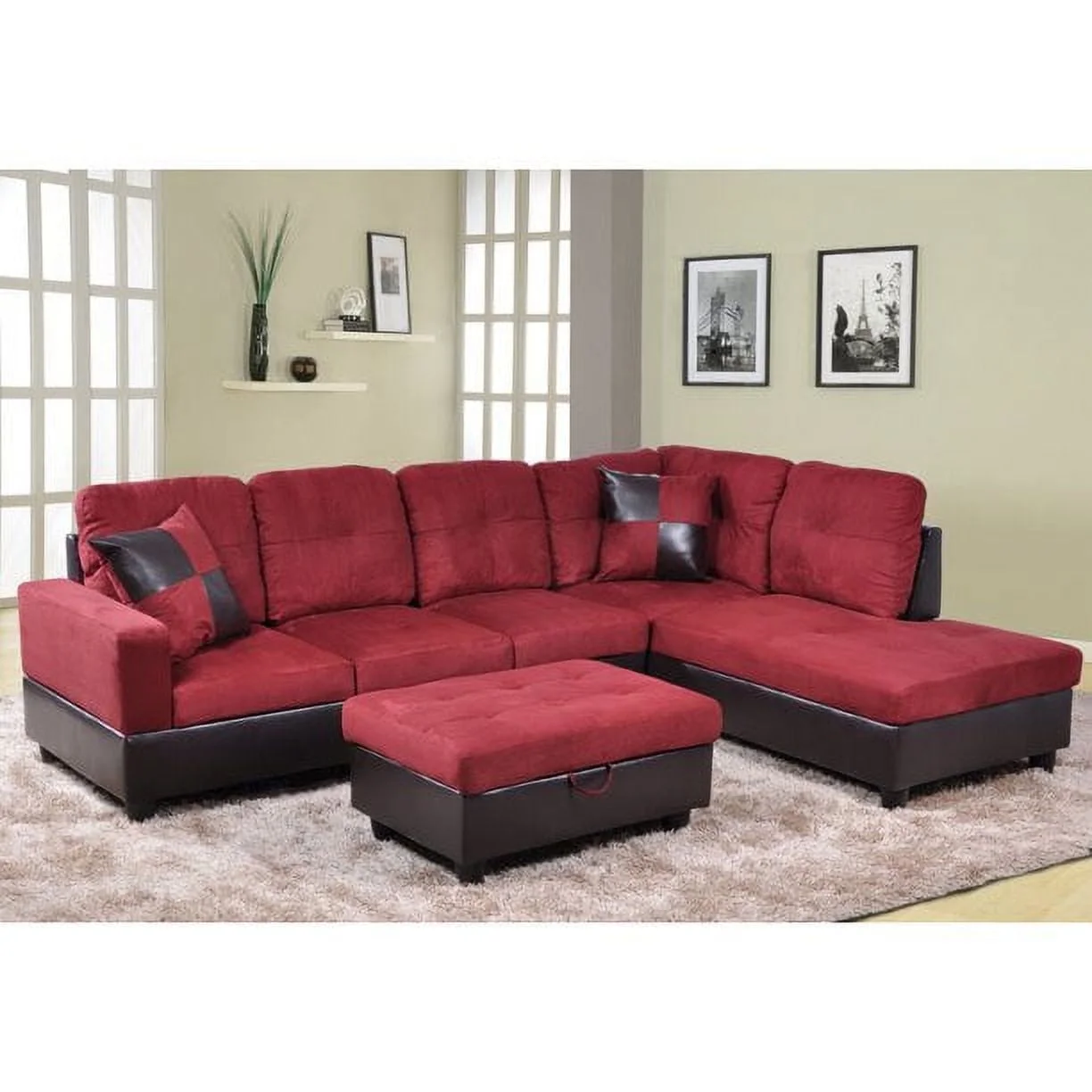 PonLiving 103.5" Wide Corner Microfiber Sectional Sofa with Storage Ottoman & Matching Pillows Right Hand Facing, Red