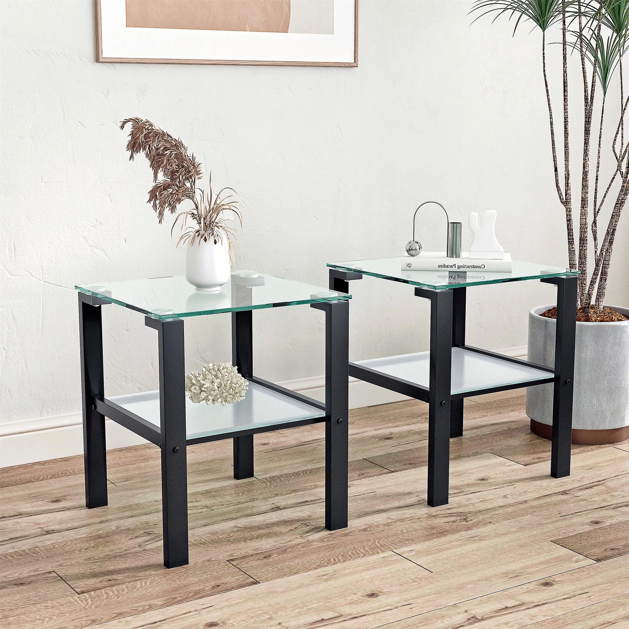 Ufurpie Set of 2 Tempered Glass End Table,Tea Table,Coffee Table,Square Side Table for Living Room,OfficeBlack