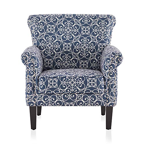 BELLEZE Upholstered Wingback Accent Chair, Fabric Armchair Club Chair, Nailhead Trim High Back Patterned Corner Chair for Living Room Bedroom - Rosette (Navy Blue/White)