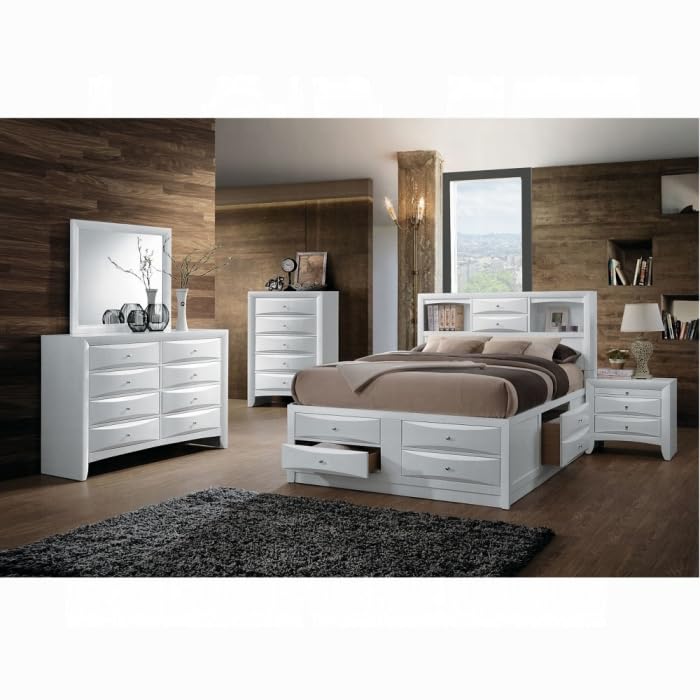 Modern 6 PCS Wood Panel Bedroom Set Including EK Sized Bed, Queen Sized Bed, Full Bed W/Storage, Nightstand, Mirror and Dresser in White Finish