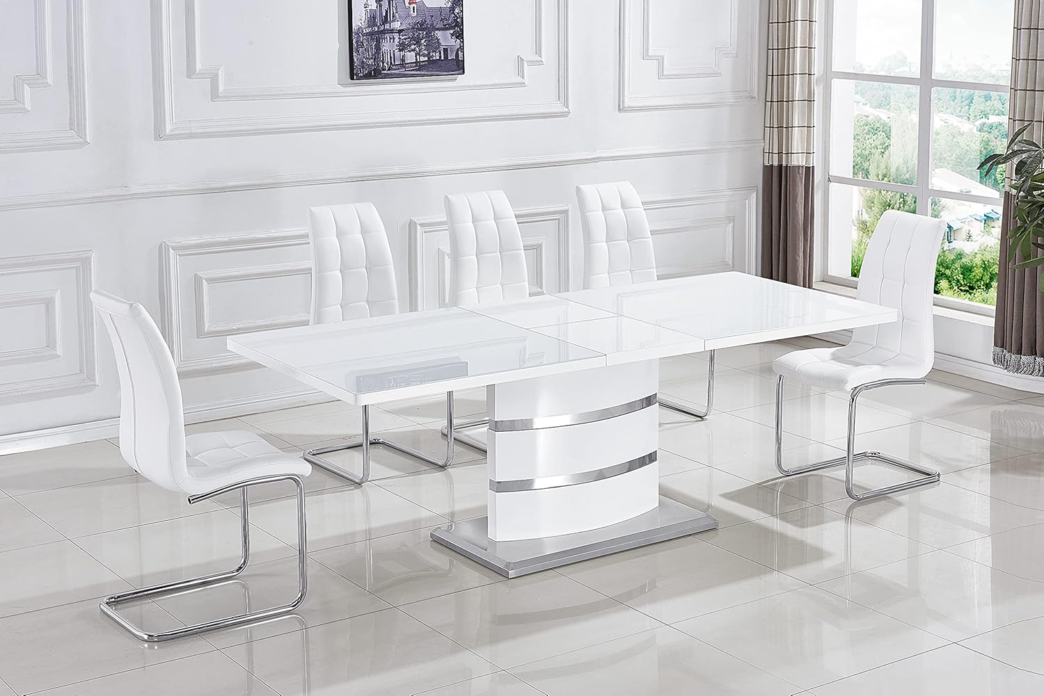 Modern Glossy Extendable Dining Tables, Expandable MDF Top Table w/Butterfly Leaf & White High Gloss Lacquer MDF Base w/Stainless Steel, 8 to 12 Person Dining Room Table for Kitchen (B)
