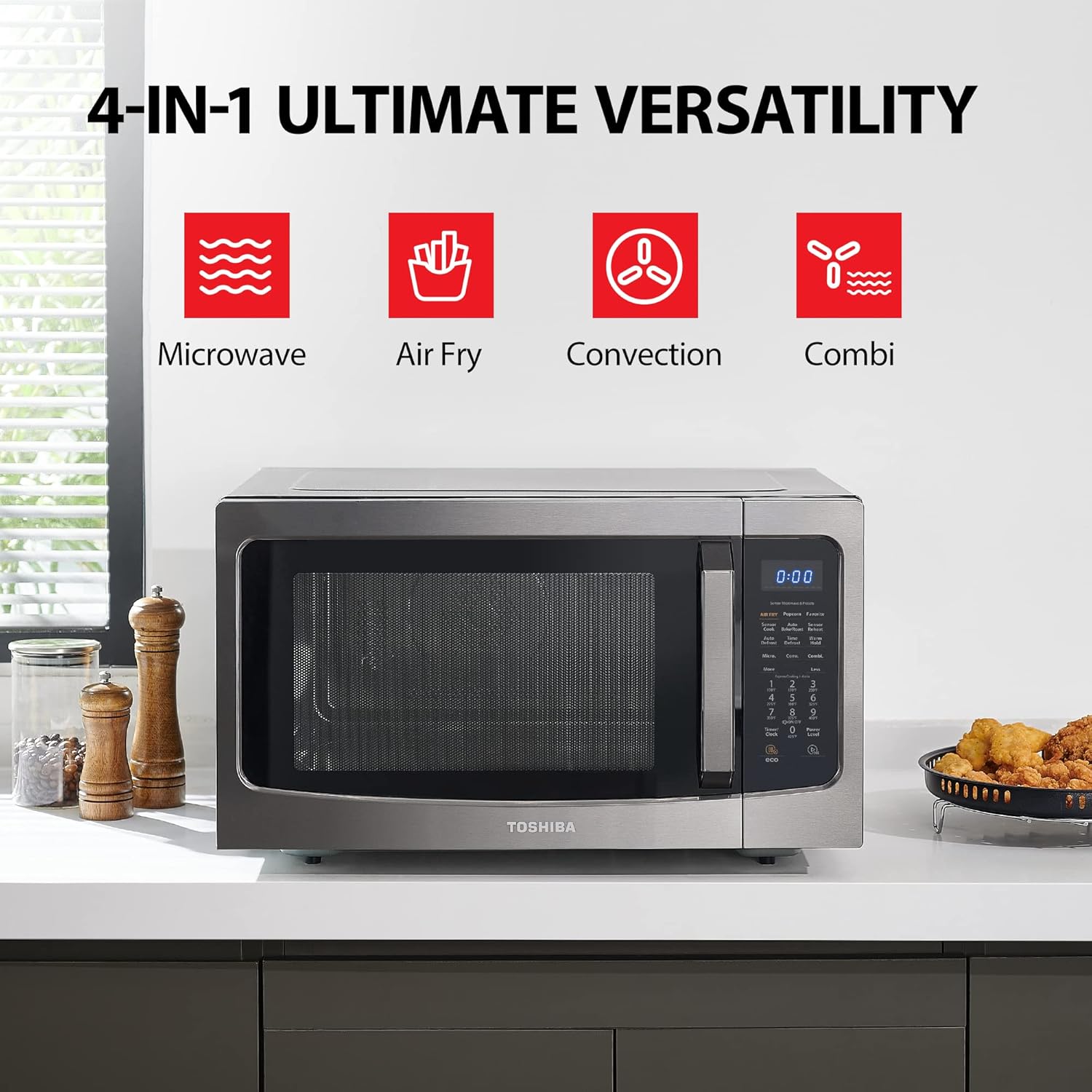 TOSHIBA 4-in-1 ML-EC42P(BS) Countertop Microwave Oven, Smart Sensor, Convection, Air Fryer Combo, Mute Function, Position Memory 13.6" Turntable, 1.5 Cu Ft, 1000W, Black