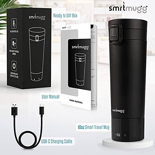 Heated Coffee Mug, All Day Battery Life, Battery Powered Travel Mug, Smart Mug, Great for Coffee and Tea, Fast Heating Technology, Portable Charger (Black 10 oz.)