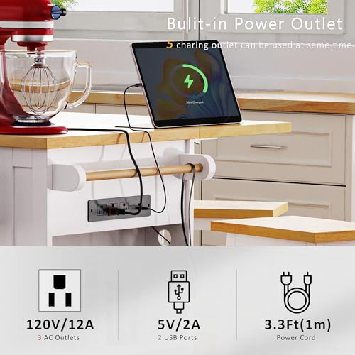 53" Rolling Large Kitchen Island Set with Power Outlet,Mobile Carts with Storage Cabinet,Extra Drop Leaf,3 Drawers and 5 Open Side Racks,Wood Table for Dining Room (Island & Stools)