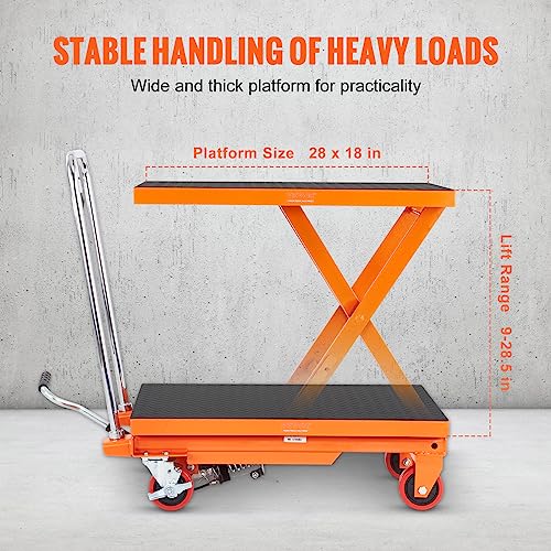 VEVOR Electric Lift Table, 330 lbs Capacity Single Scissor Lift Table, 8-28 in Height Adjustable Lifting Platform, Coffee Table Lift with 4 Wheels, for Material Handling and Transportation, Black