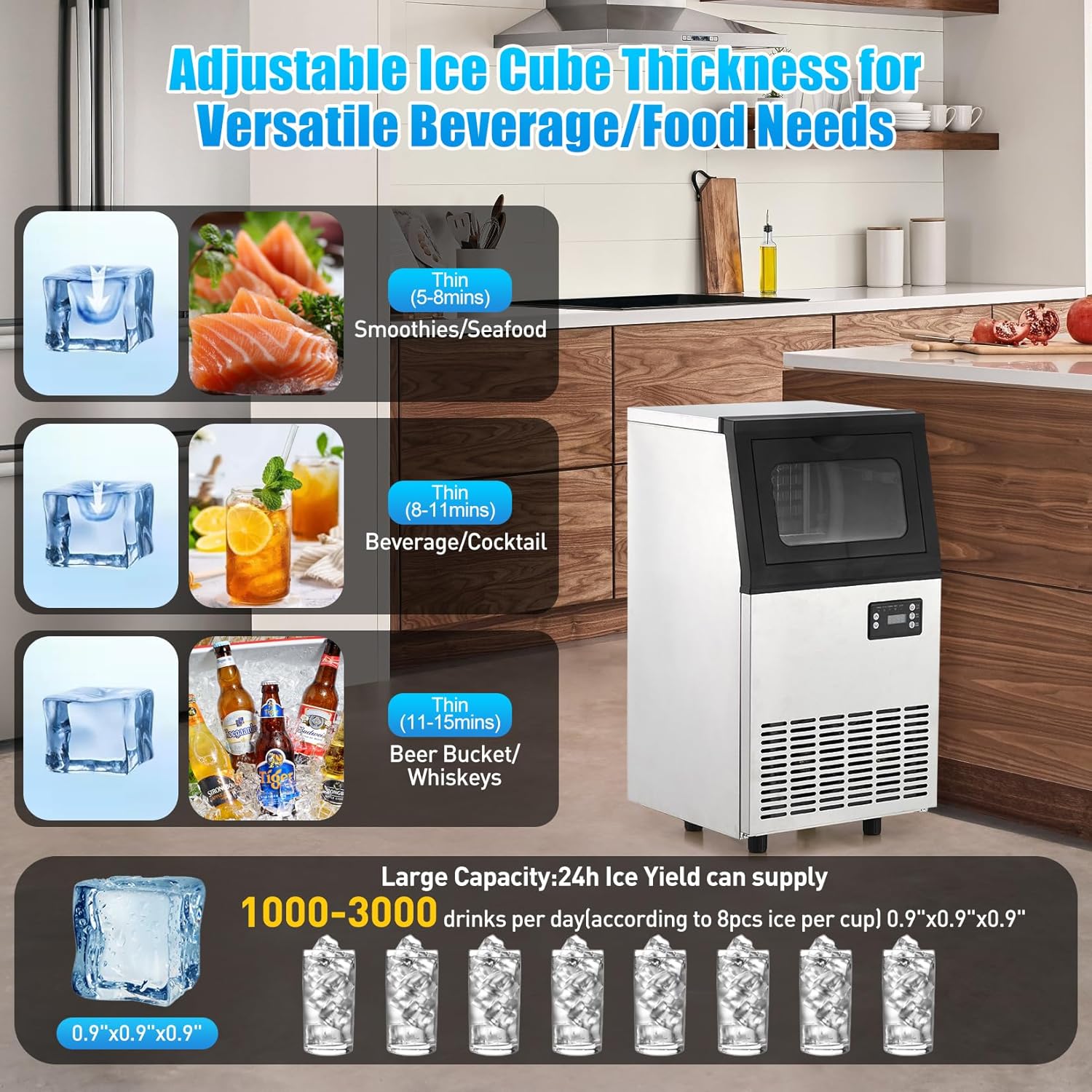 Commercial Ice Maker Machine, 110LBS/24H with 18LBS Bin Stainless Steel Automatic Operation Commercial Ice Machine for Home Bar, Include Water Filter, Scoop, Connection Hose