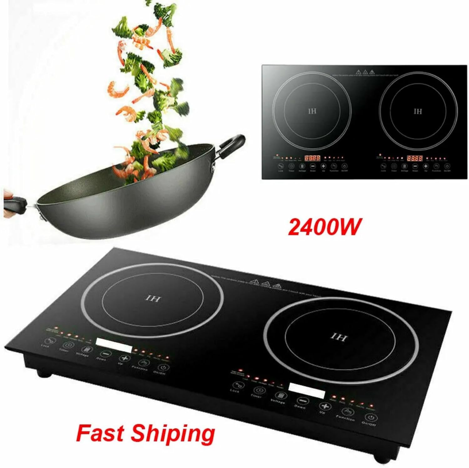 2400W 110V Induction Cooktop, Countertop Burner Double Head Induction Countertop Double Cooktop Range Double Induction Cooktop Portable Induction Cooktop for Kitchen, Rv, Restaurant