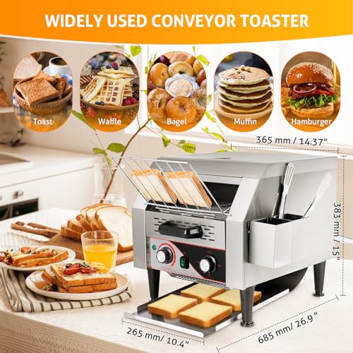 WICHEMI Commercial Toaster 300 Slices/Hour Conveyor Restaurant Toaster 2200W Electric Conveyor Toaster for Bun Bagel Bread Heavy Duty Stainless Steel Conveyor Toaster