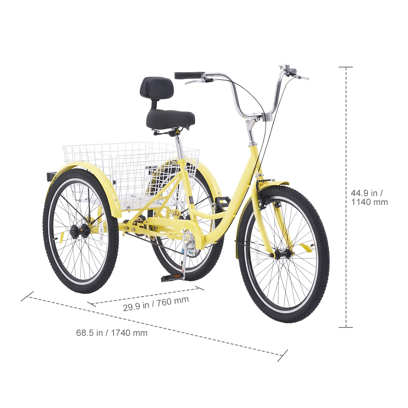 SKYSHALO 24" 3 Wheel Bike Adult Tricycles Bike Trike Bicycle Carbon Steel Yellow - Curated Treasures Market