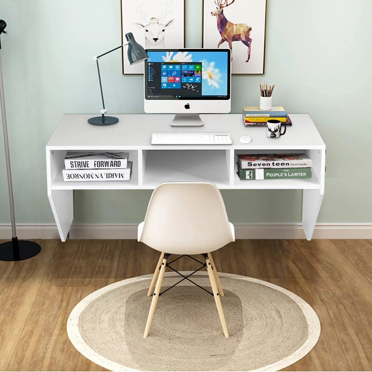 Wall Mounted Desk Floating Computer Desk, Writing Study Table W/3 Storage Shelves, Laptop PC Table for Living Room, Bedroom, Office (Black)