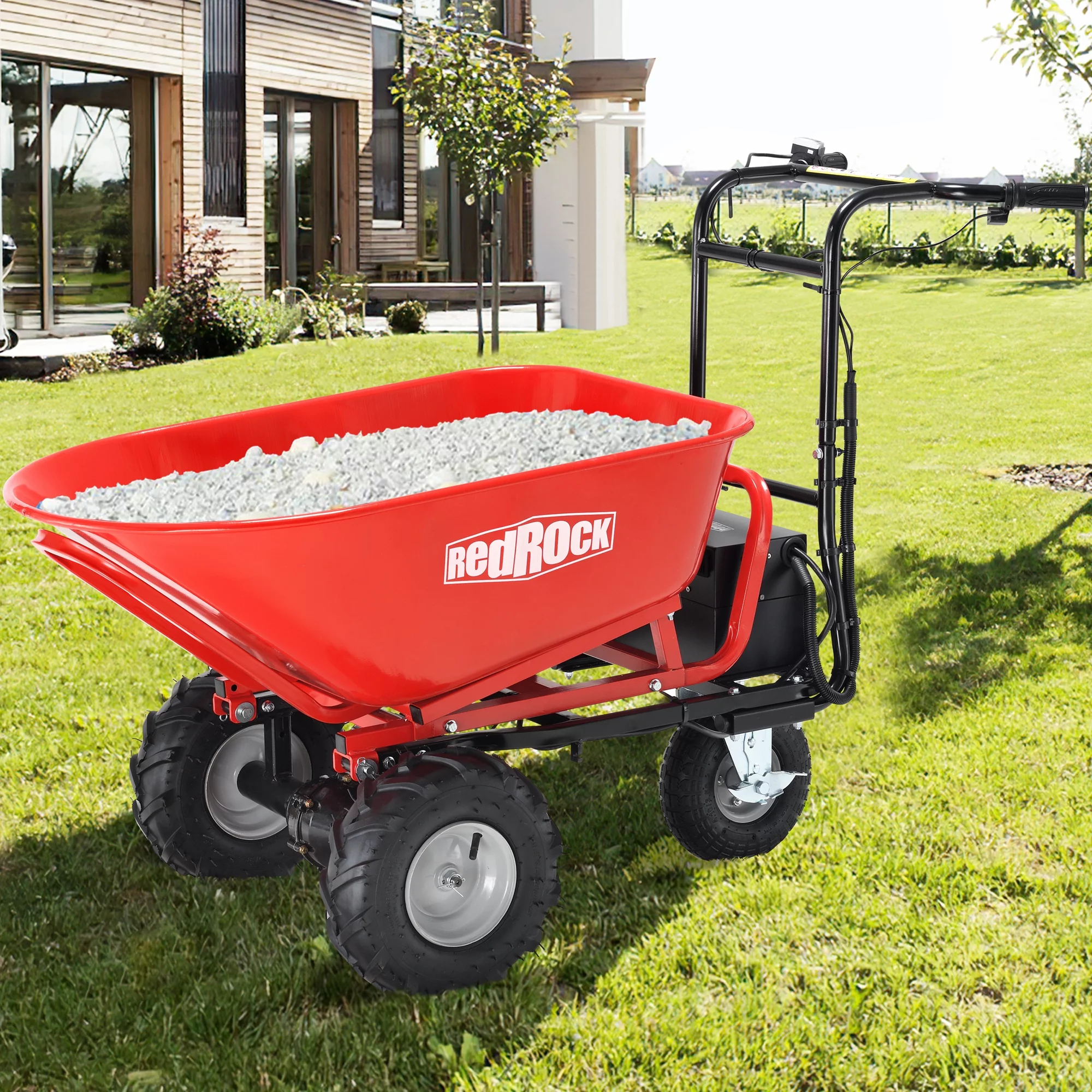 RedRock Electric Wheelbarrow Utility Cart - 48V28Ah 500W, 500lbs Capacity, Steel Construction, 1000lbs Towing, Ideal for Garden and Construction Work