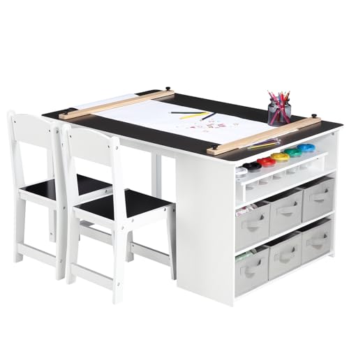 Kids Art Table and Chairs Set, Living and Learning Kids' Art Table and Stool Set with Large Storage Desk and Portable Art Supply Organizer, Kids Activity Table, Drawing and Painting Desk