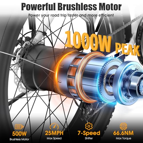Electric Bike for Adults, Peak 1000W Ebike, 25MPH 60Miles Electric Mountain Bike, 26" Fat Tire Adult Electric Bicycle with 48V 13AH Battery, Rear Rack, 7 Speed, Front Suspension, Turn Signal