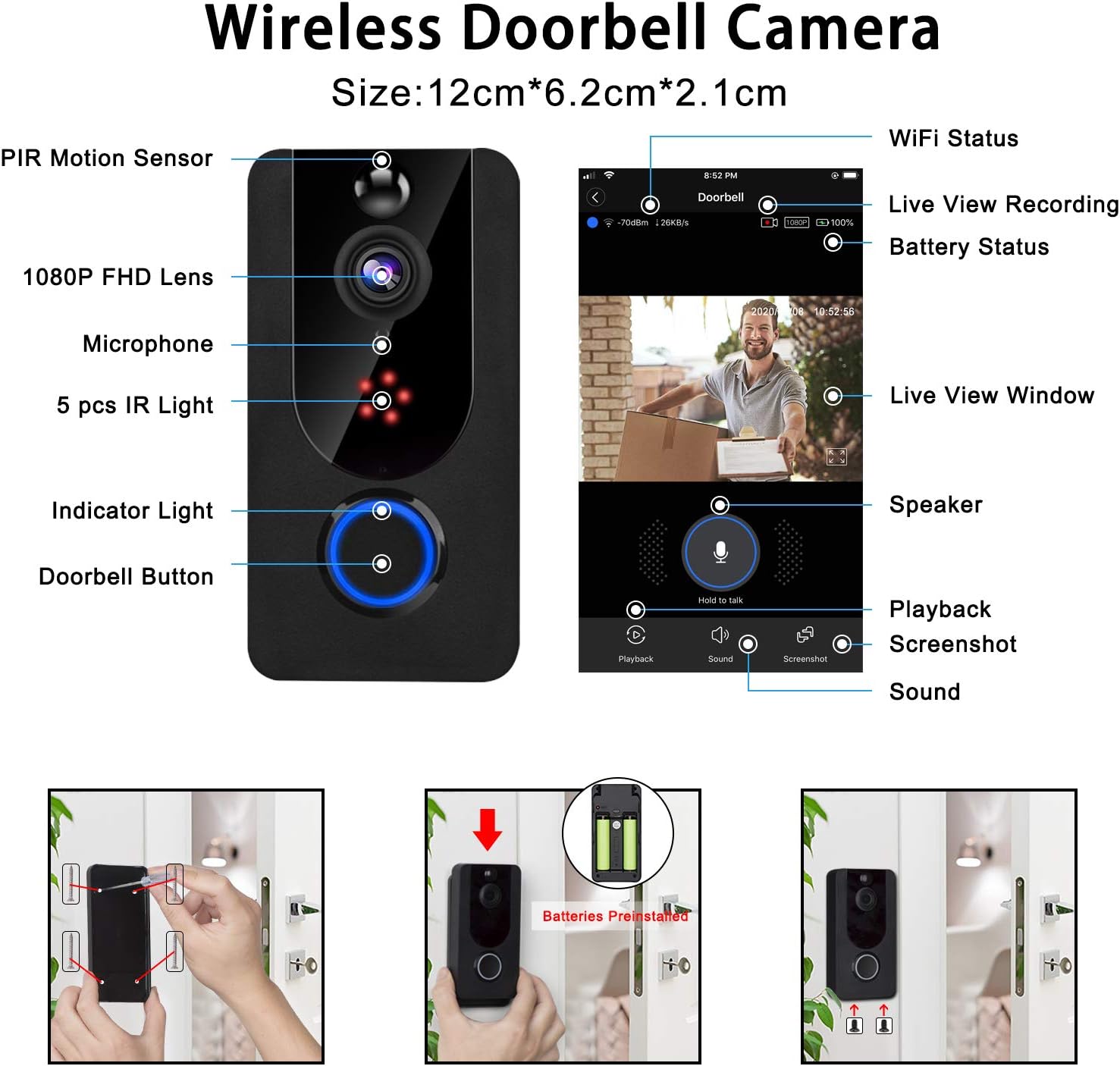Wireless Doorbell Camera 1080P with Chime, Video Doorbell Camera with PIR Motion Detection, Wi-Fi Smart Door Bell with Lifetime Free Cloud Service, IP65 Waterproof, 2-Way Audio, Clear Night Vision