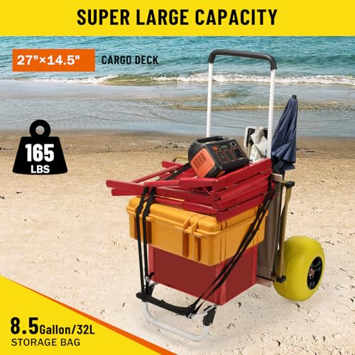 Beach Fishing Cart, 13” Big Balloon Wheels w/Flat-Free Solid PU Tires for Sands, 165LBS Loading Folding Sand Cart & 33.1" to 51.6" Adjustable Height, Beach Buggy Cart w/Storage Bag, No Rust