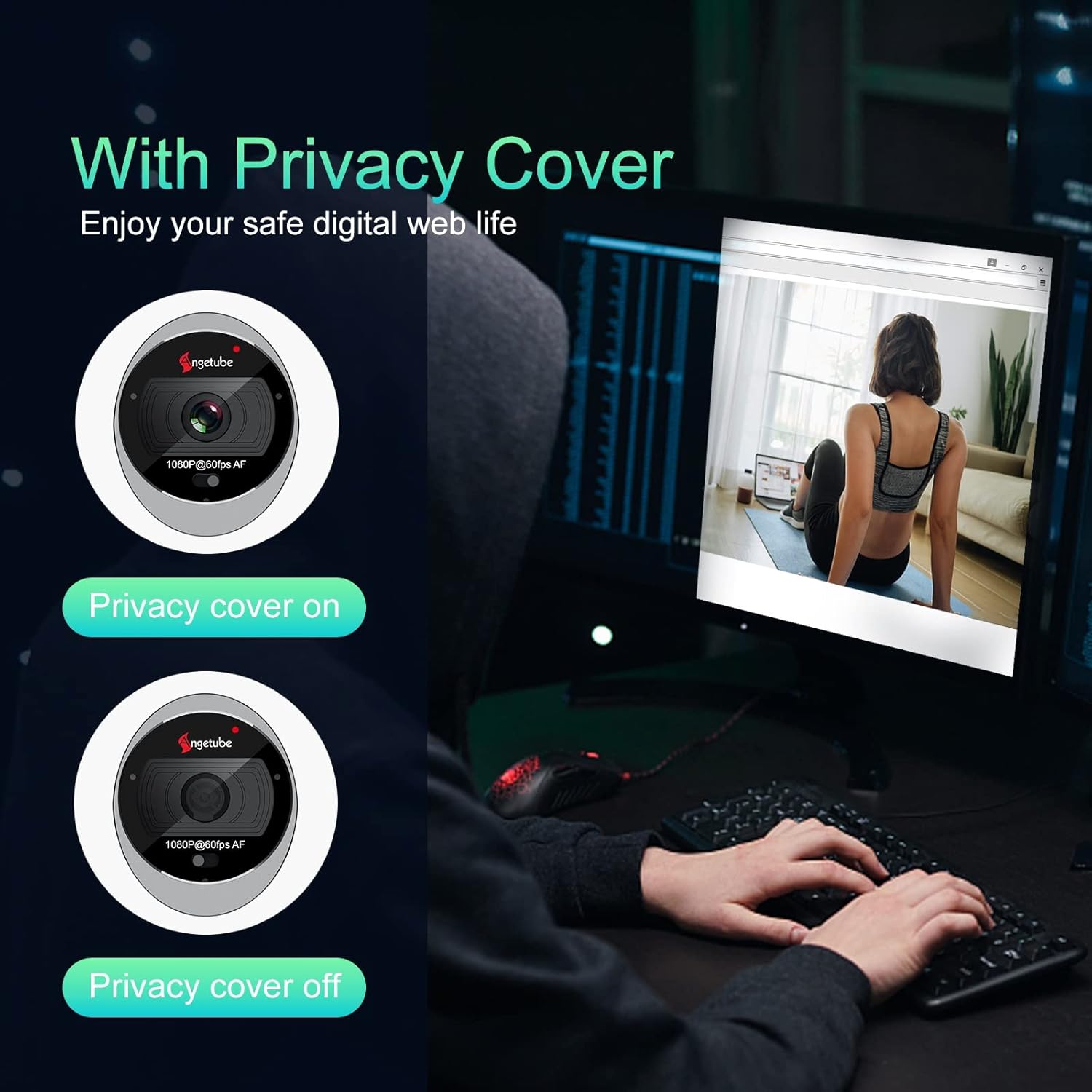 Zoomable Webcam with Remote, Streaming Webcam with Ring Light 1080P 60FPS 2X Digital Zoom Built-in Dual Stereo Microphone and Privacy Cover for Zoom/Skype/Teams/Webex, Mac Windows