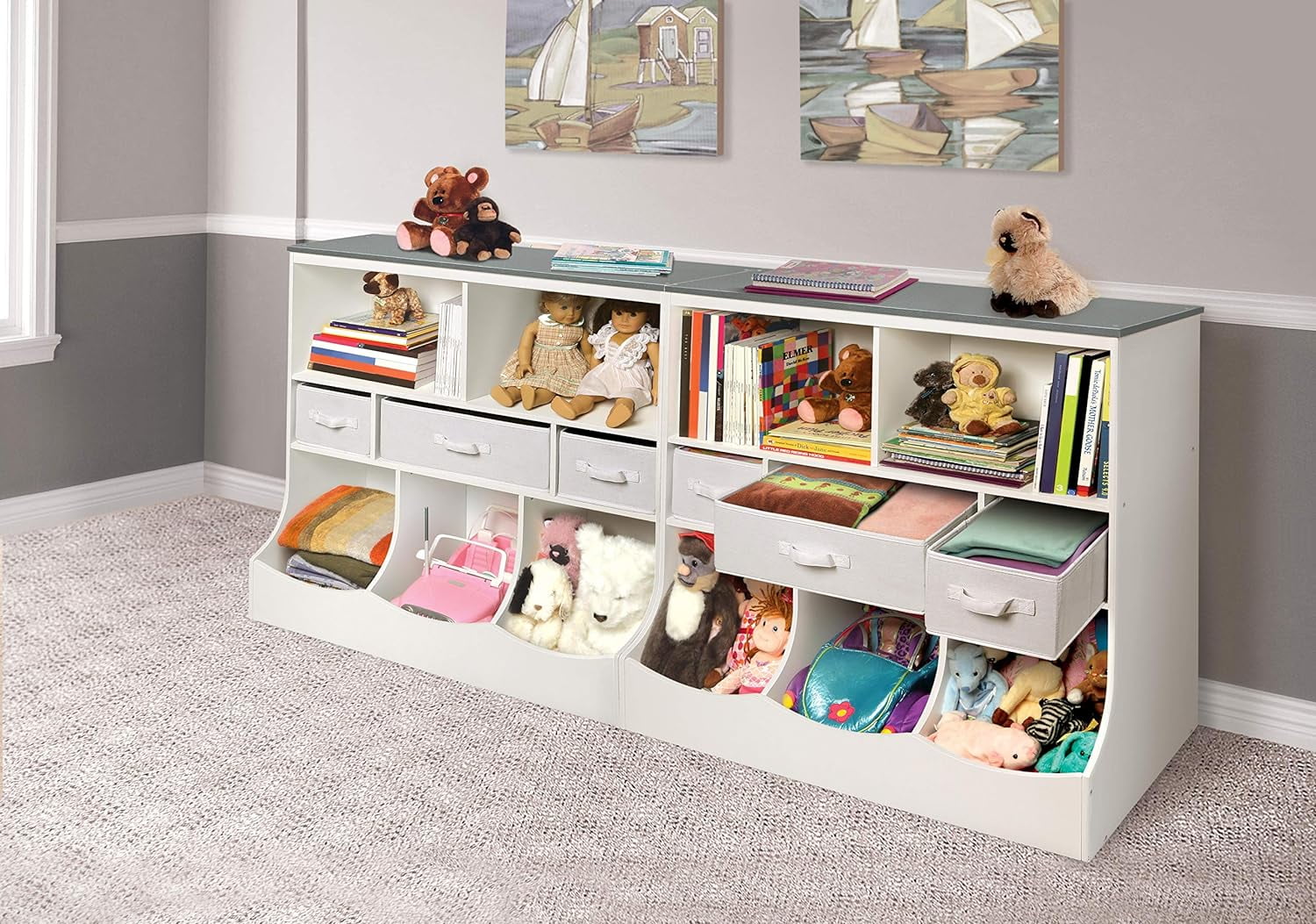 WAGEE Combo Bin Toy Storage Unit and Book Shelf for Kids with 3 Baskets - White/Gray