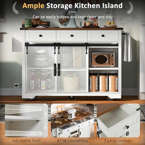 Amposei Farmhouse Kitchen Island on Wheels with Drop Leaf & Power Outlet, 53.7-Inch Rolling Storage Island Cart with Drawers, Sliding Barn Door Cabinets, Spice Rack (Retro White)