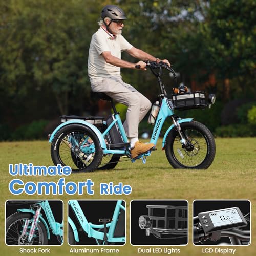 MOONCOOL Electric Trike, Electric Tricycle for Adults, 20" Folding 3 Wheels Electric Bicycle Bikes, 48V 500W/750W Motorized Electric Ebike with Aluminum Frame, Removable Battery and Basket