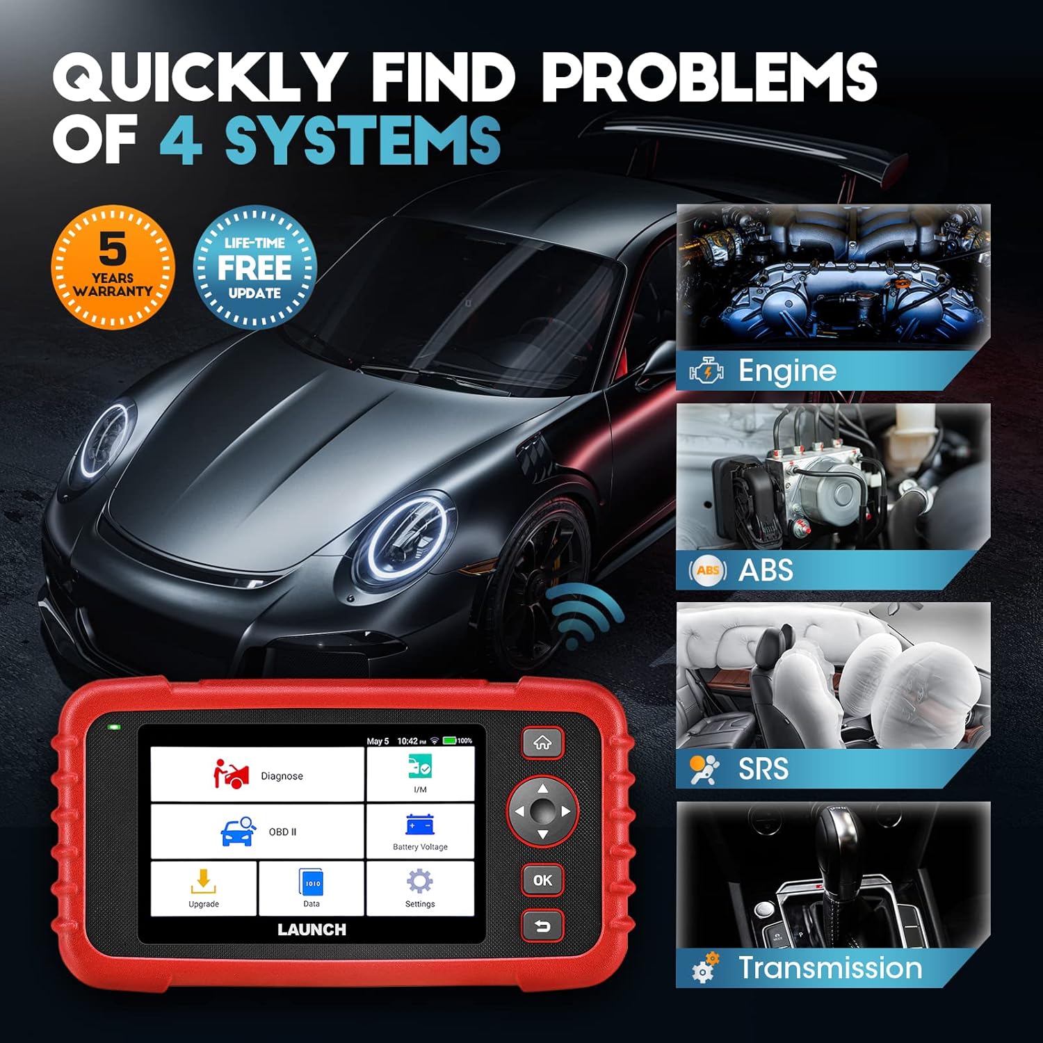 2022 Newest LAUNCH OBD2 Scanner CRP123X Elite Scan Tool, Car Diagnostic Scanner for ABS SRS Transmission Engine with AUTO VIN, Lifetime WiFi Free Update, Battery Test,Android 7.0, 5''Touch Screen
