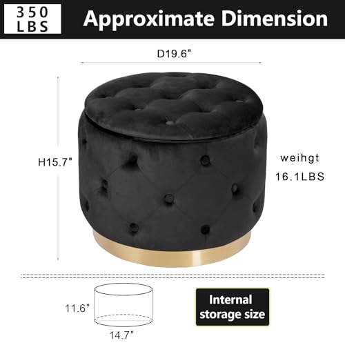 Button Tufted Velvet Round Storage Ottoman, Modern Upholstered Foot Rest Stool with Gold Plating Base, Accent Coffee Table seat for Living Room, Bedroom (Beige)