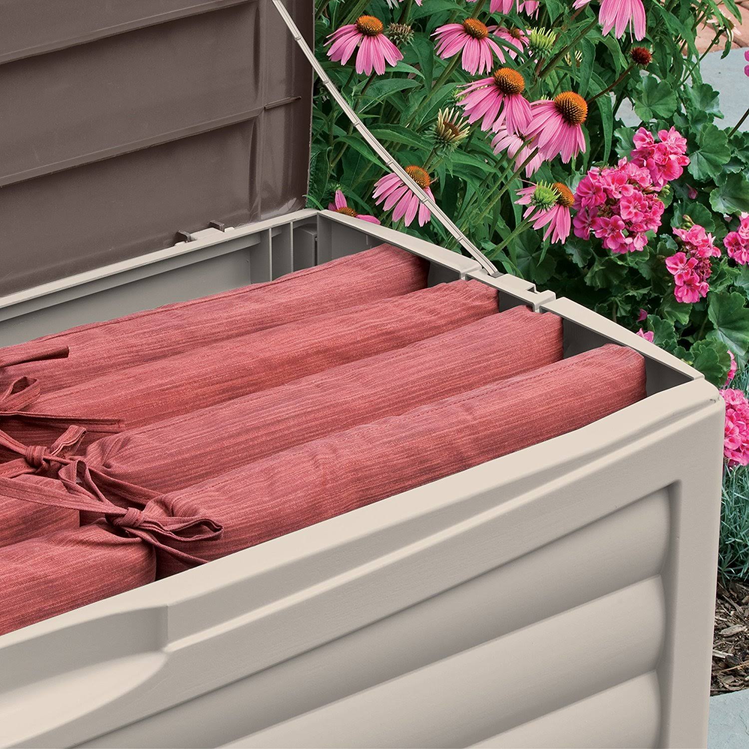 Suncast Resin 103-Gallon Large Storage Box with Wheels-Outdoor Bin for Gardenin