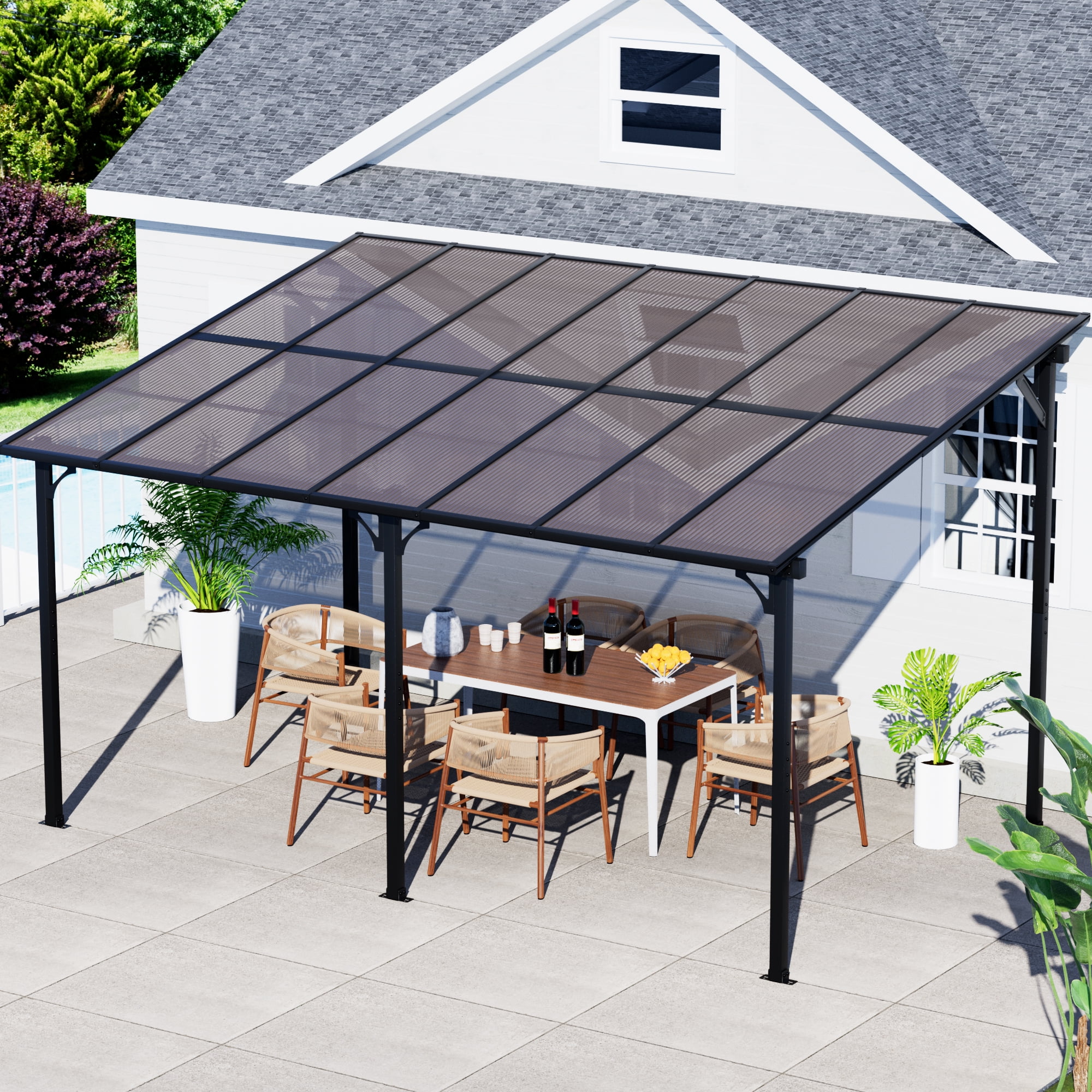 GDPFN 14' x 10' Gazebo, Wall Mounted Lean to Pergola, Outdoor Hardtop Gazebo with Roof, Large Heavy Duty Metal Awnings for Patio, Backyard, Deck, Porch - Curated Treasures Market