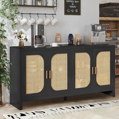 Sideboard Buffet Cabinet with 4 Rattan Doors,Accent Cabinet with Storage,Wood Modern Coffee Bar Cabinet Console Table,with Adjustable Shelves,Dining Room,Kitchen,Living Room,Entryway,Black