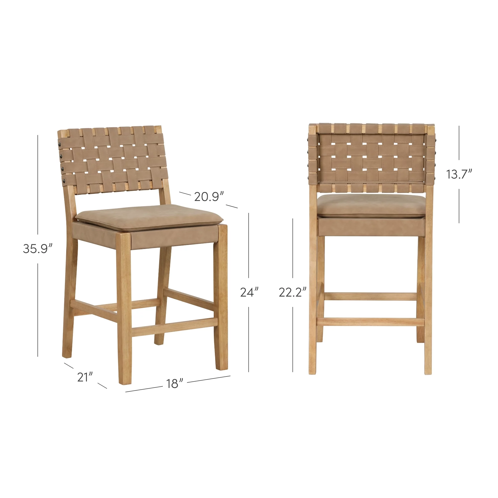 Nathan James Cohen Mid-Century Modern Leather Bar Stool, Counter Height Chair in Solid Wood Frame with Footrest and Woven Leather Back for Kitchen