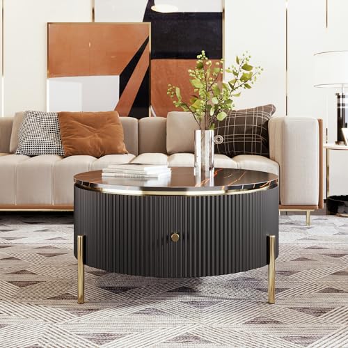 Modern Round Lift-top Nesting Coffee Tables with 2 Drawers for Living Room White & Natural