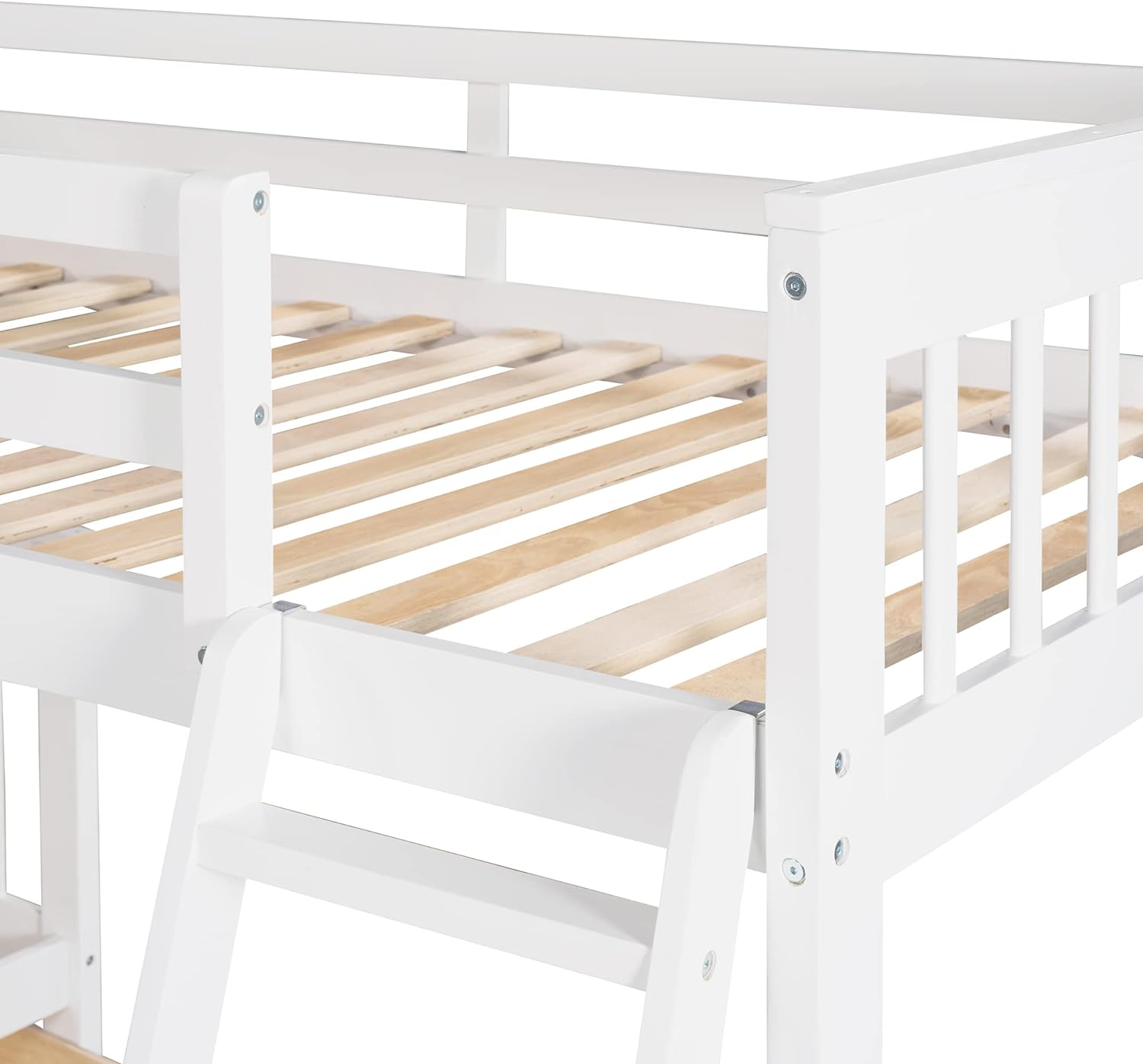 L Shaped Bunk Beds For 3, Triple Bunk Bed With Stairs And 3 Storage Drawers, Over Full Bunk Bed With Size Loft Bed Attached, Wooden Bunk Bed Frame For Kids Teens Adults (White)