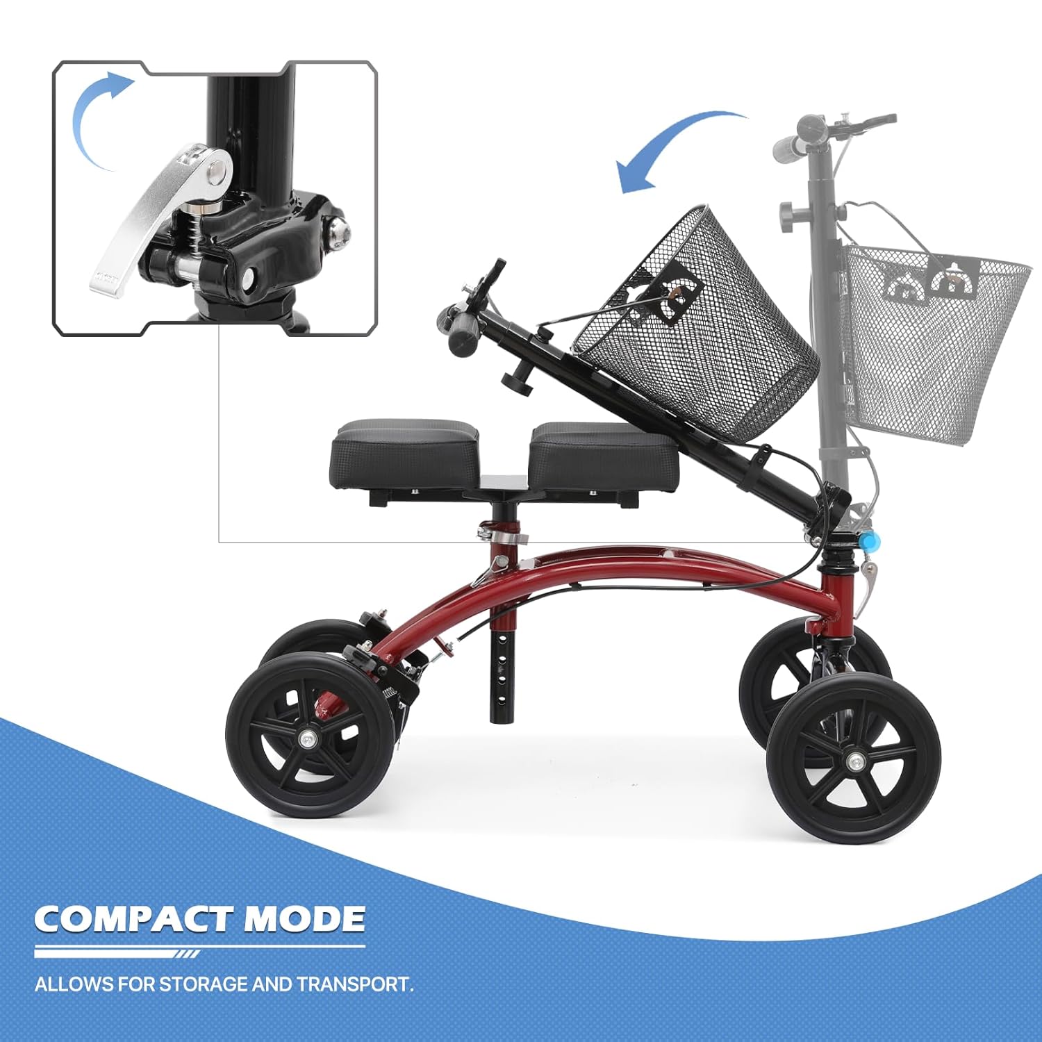 Knee Walker Compact Heavy Duty Roller Scooter Adjust Height 7.5'' Wheels Knee Scooter with Right Handbrake and 15" Length Knee Pad for Ankle and Foot Injured 350lbs Capacity, Red