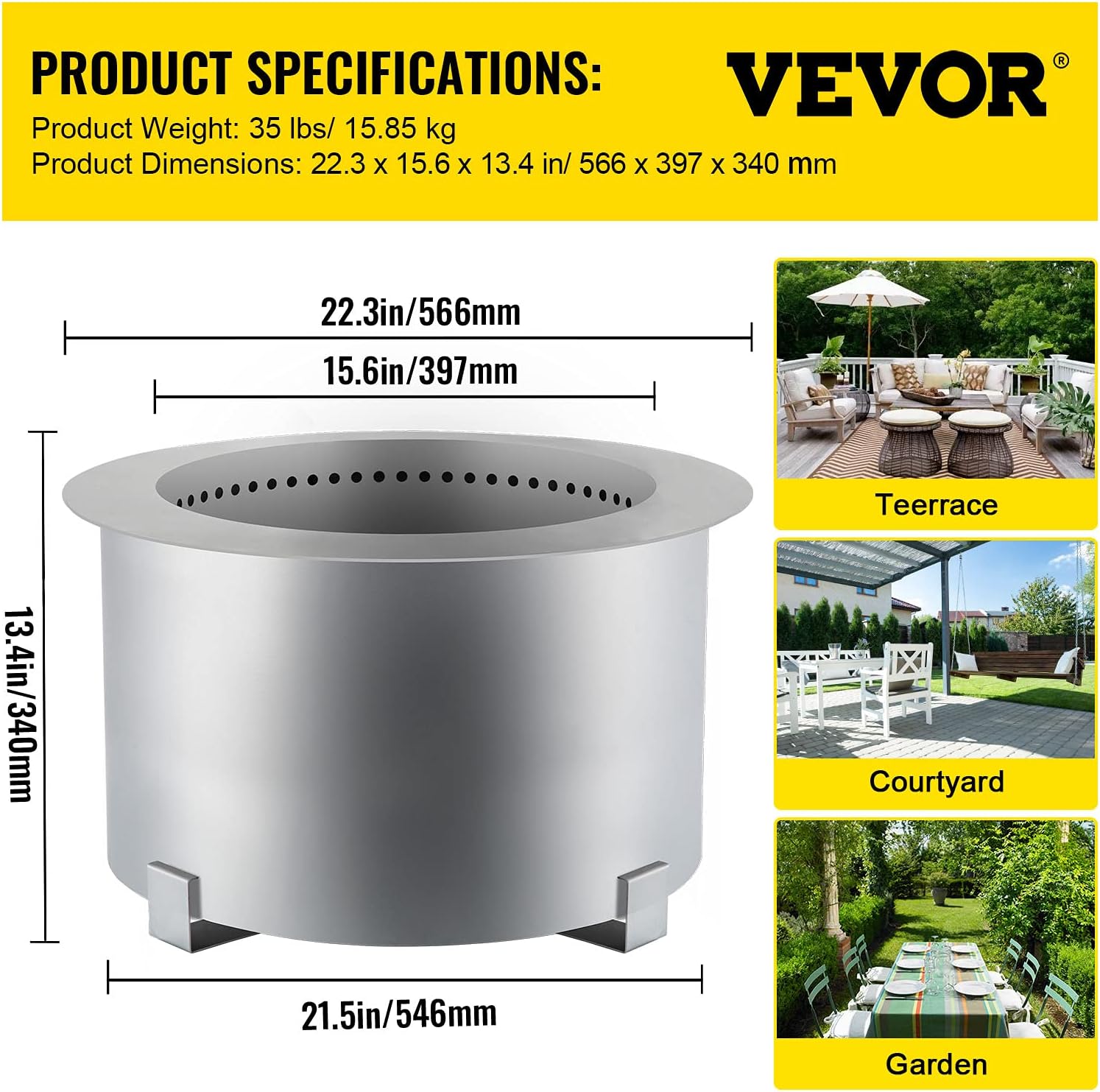VEVOR Smokeless Fire Pit, 21.5 inch Outer Diameter / 15.6 Inner Diameter Stove Bonfire, Stainless Steel Smokeless Fire Bowl, Portable Wood Burning Fire Pit for Picnic Camping Parties