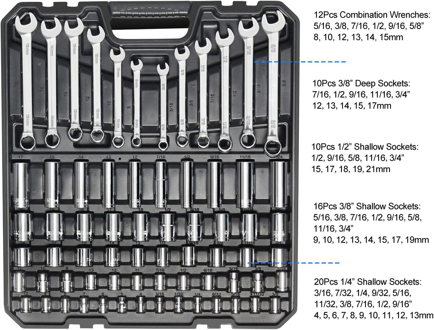 Prostormer 228-Piece Mechanics Tool Set, General Purpose Mixed Sockets and Wrenches Auto Repair Tool Kit with Plastic Storage Case