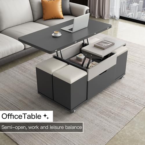 Lift Top Coffee Table with 4 Seats, 3 in 1 Mutifunction Center Table with Storage Pu Stools,Coffee Table Converts to Dining Table for Kitchen, Living Room, Bedroom